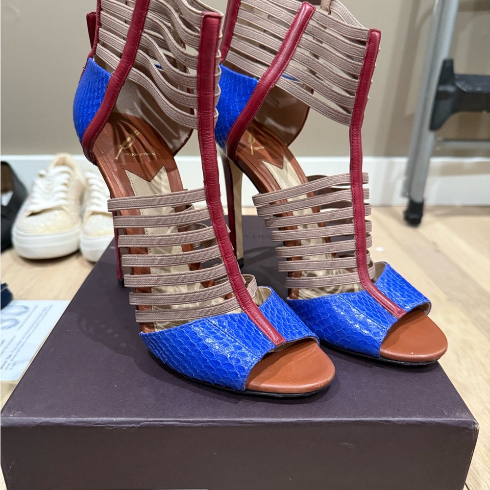 Brian Atwood Blue and Red Gladiator Heels